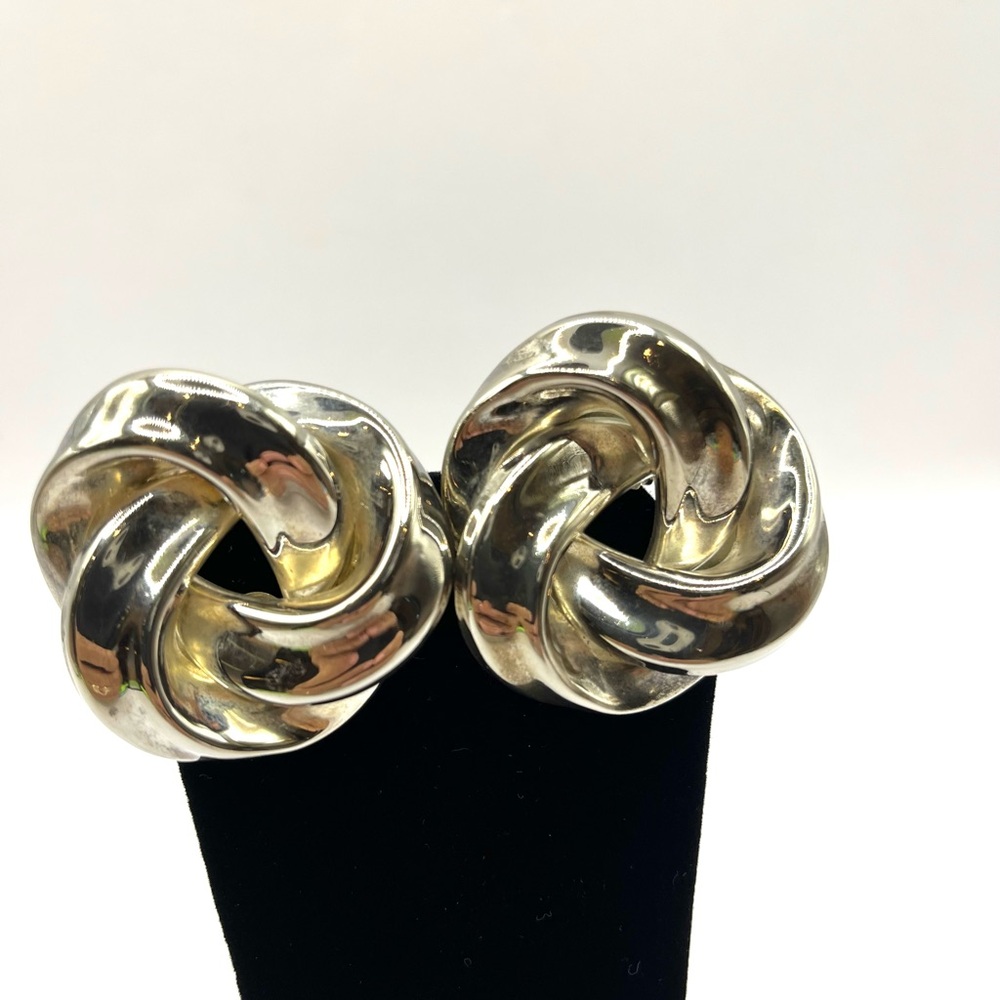 Vintage 80s Chrome Silver Knot Clip on Earrings Large Chunky